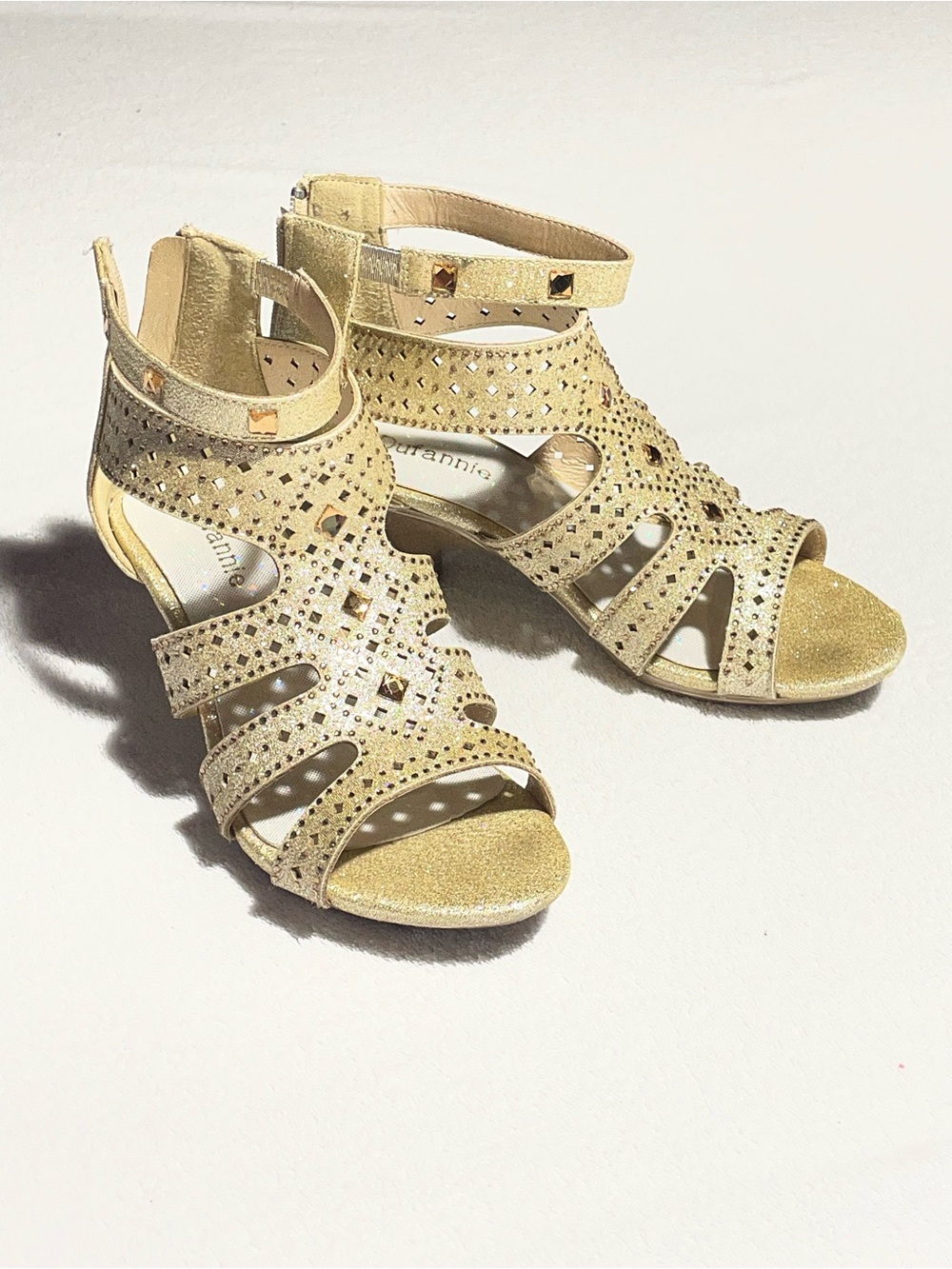 Annie Gold Glitter Cutout Sandals with Stud Accents